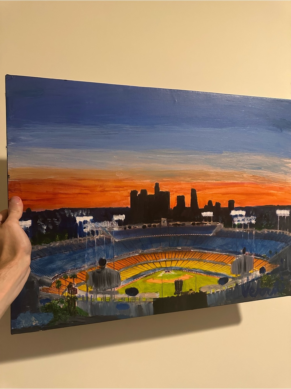 Sunset over Dodger Stadium original painting 24x18 art 1/1 one of a kind